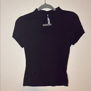 Black Cap Sleeve Fitted T-Shirt with Cut Out Mandarin Collar